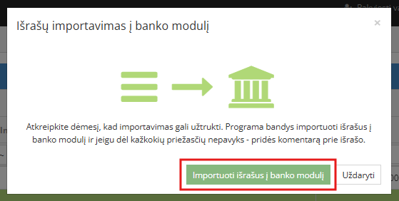Banko įrašų importo rezultato langas